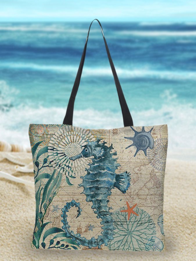 Linnen Strandtas Met Zeeprint-Handtassen-Calora-Zeepaard-Calora