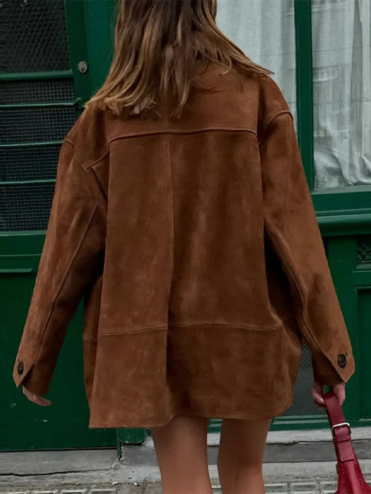 Lisette | Retro Bruin Suède Leren Blazer voor Dames-Blazers & Vesten-Calora-Bruin-S-Calora