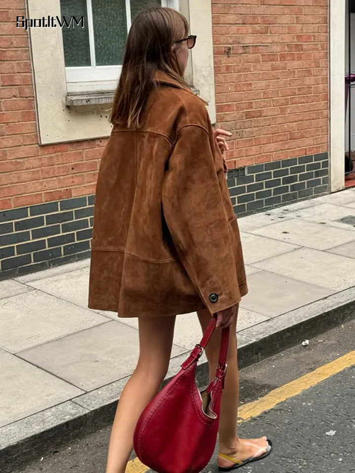 Lisette | Retro Bruin Suède Leren Blazer voor Dames-Blazers & Vesten-Calora-Bruin-S-Calora