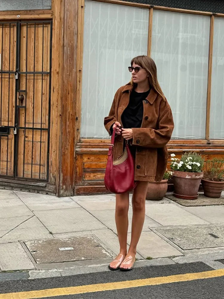 Lisette | Retro Bruin Suède Leren Blazer voor Dames-Blazers & Vesten-Calora-Bruin-S-Calora