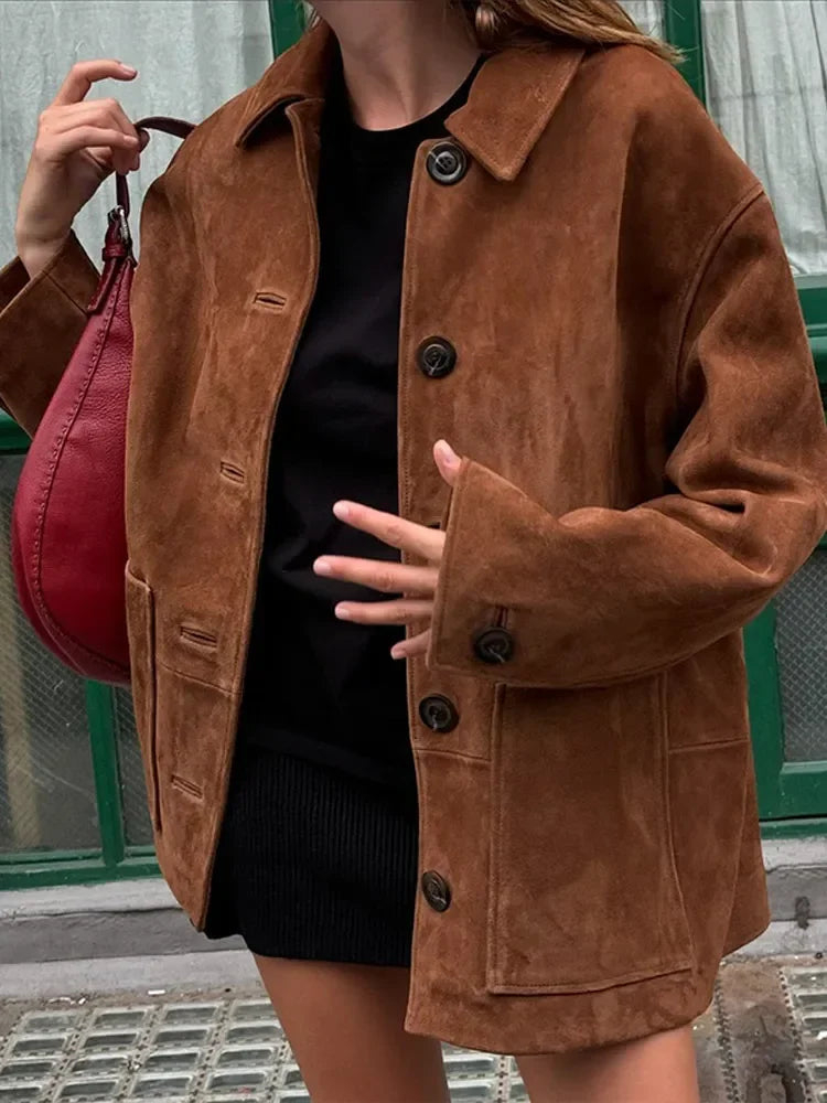 Lisette | Retro Bruin Suède Leren Blazer voor Dames-Blazers & Vesten-Calora-Bruin-S-Calora