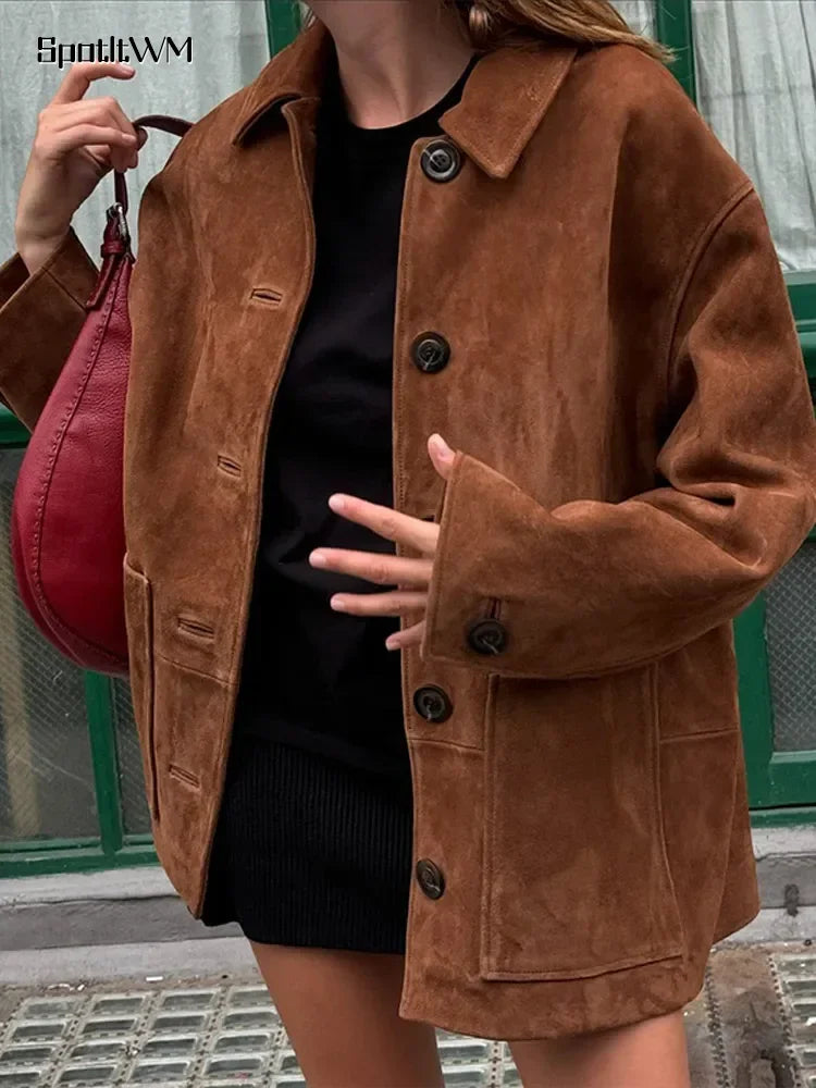 Lisette | Retro Bruin Suède Leren Blazer voor Dames-Blazers & Vesten-Calora-Bruin-S-Calora