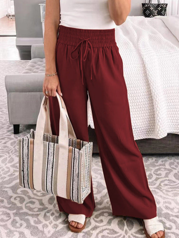 Losse Broek met wijde pijpen en vetersluiting, middelhoge taille-Wijde Broeken-Calora-Wijnrood-S-Calora