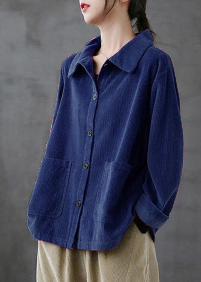 Losse Corduroy Blouse met zakken en met lange mouwen-Blouses-Calora-Blauw-S-Calora
