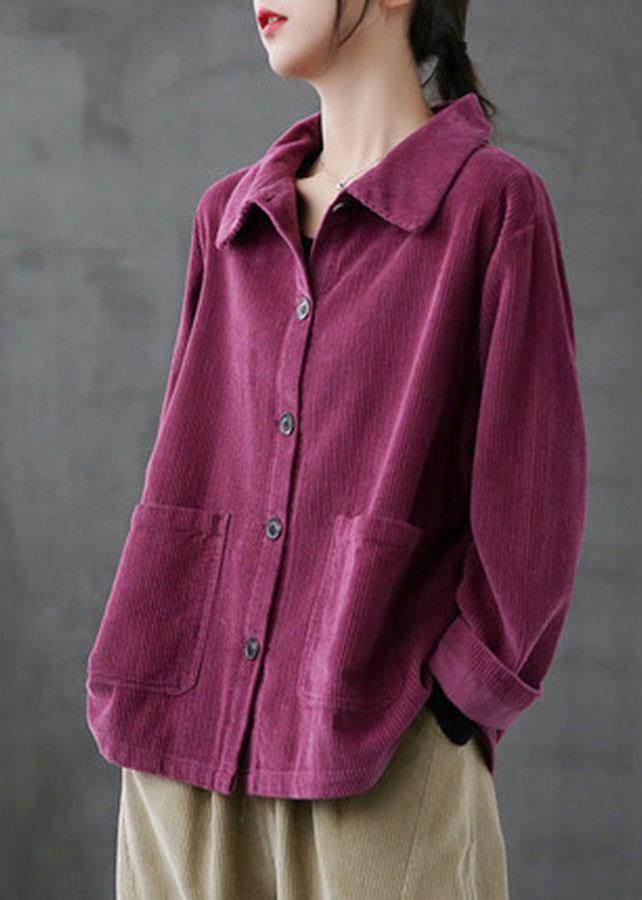 Losse Corduroy Blouse met zakken en met lange mouwen-Blouses-Calora-Paars-S-Calora