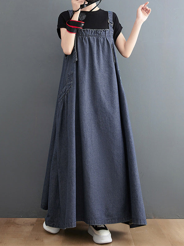 CALORA_ Losse Denim Overall Draagjurk met Uniek Ontwerp en Brede Rok