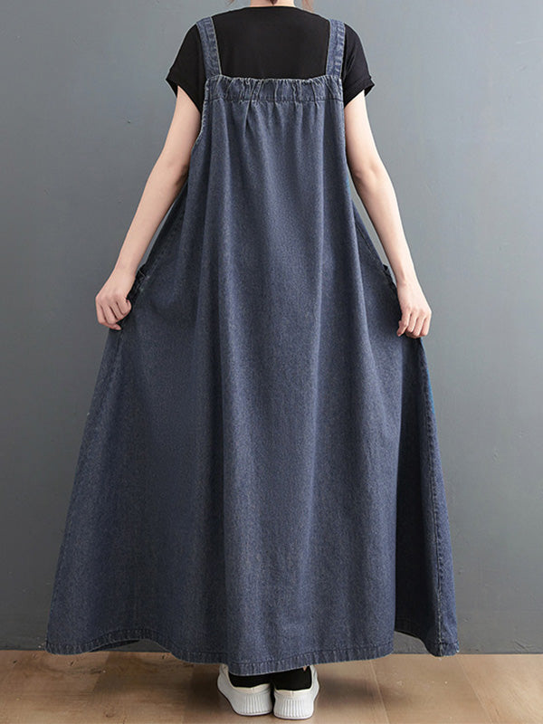 CALORA_ Losse Denim Overall Draagjurk met Uniek Ontwerp en Brede Rok