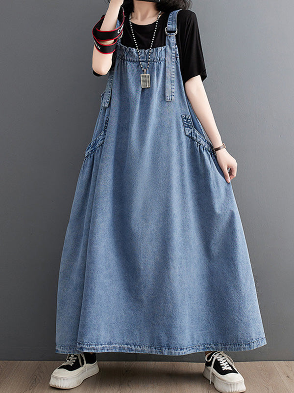 CALORA_ Losse Denim Overall Draagjurk met Uniek Ontwerp en Brede Rok