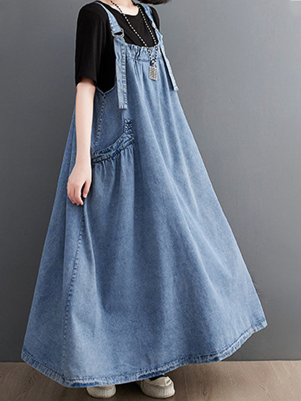 CALORA_ Losse Denim Overall Draagjurk met Uniek Ontwerp en Brede Rok
