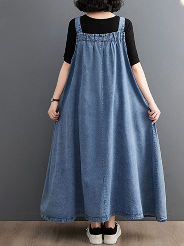 CALORA_ Losse Denim Overall Draagjurk met Uniek Ontwerp en Brede Rok