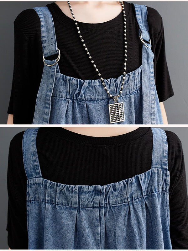 CALORA_ Losse Denim Overall Draagjurk met Uniek Ontwerp en Brede Rok