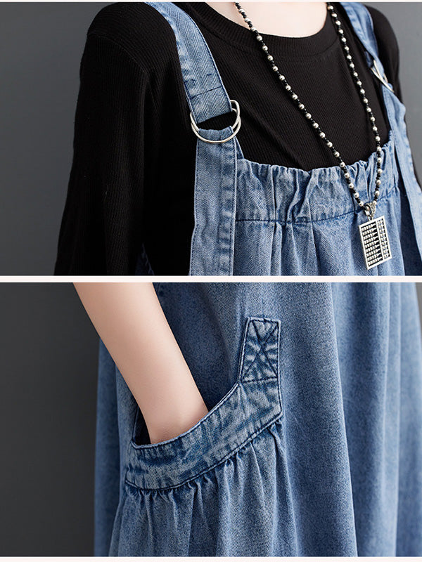 CALORA_ Losse Denim Overall Draagjurk met Uniek Ontwerp en Brede Rok