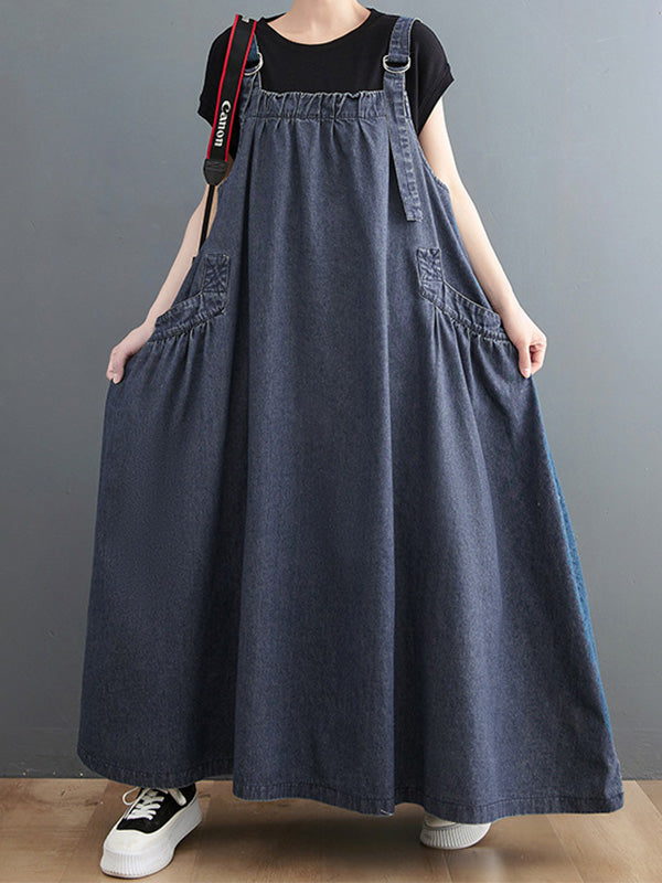 CALORA_ Losse Denim Overall Draagjurk met Uniek Ontwerp en Brede Rok