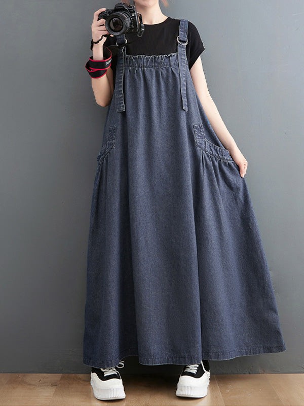 CALORA_ Losse Denim Overall Draagjurk met Uniek Ontwerp en Brede Rok