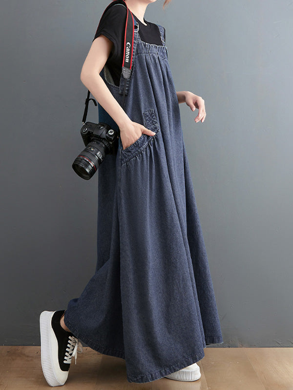 CALORA_ Losse Denim Overall Draagjurk met Uniek Ontwerp en Brede Rok