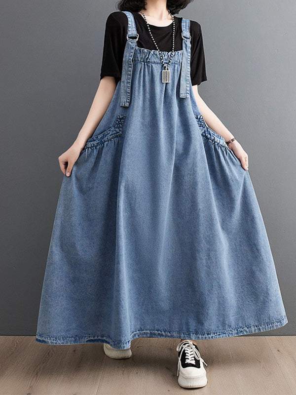 CALORA_ Losse Denim Overall Draagjurk met Uniek Ontwerp en Brede Rok