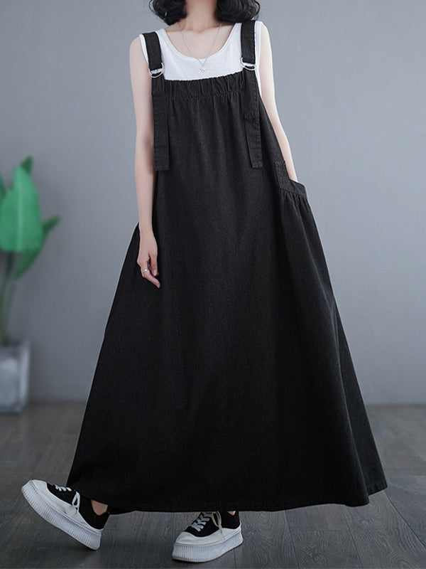CALORA_ Losse Denim Overall Draagjurk met Uniek Ontwerp en Brede Rok
