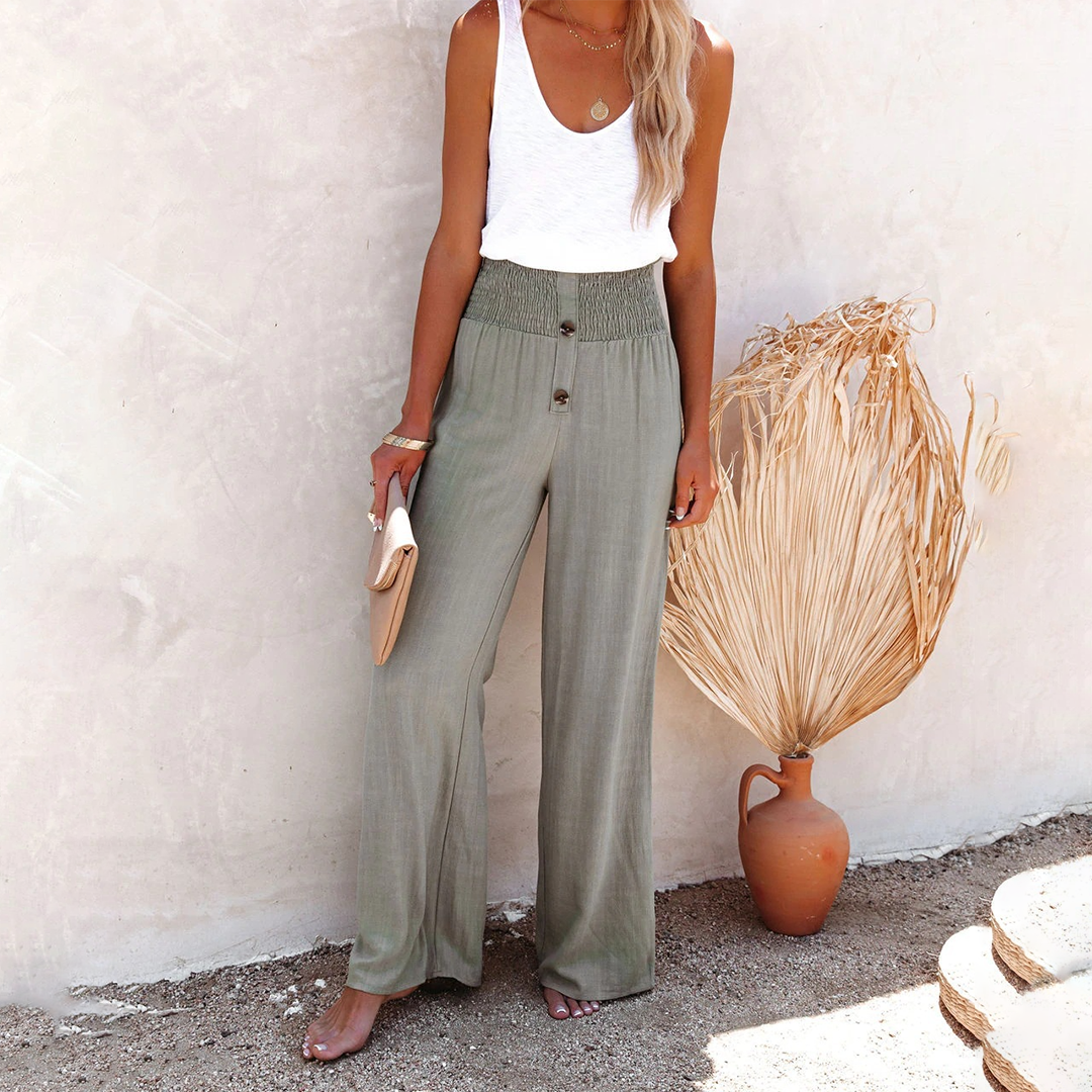 Losse Luchtige broek met hoge taille-Wijde Broeken-Calora-Grijsgroen-S-Calora
