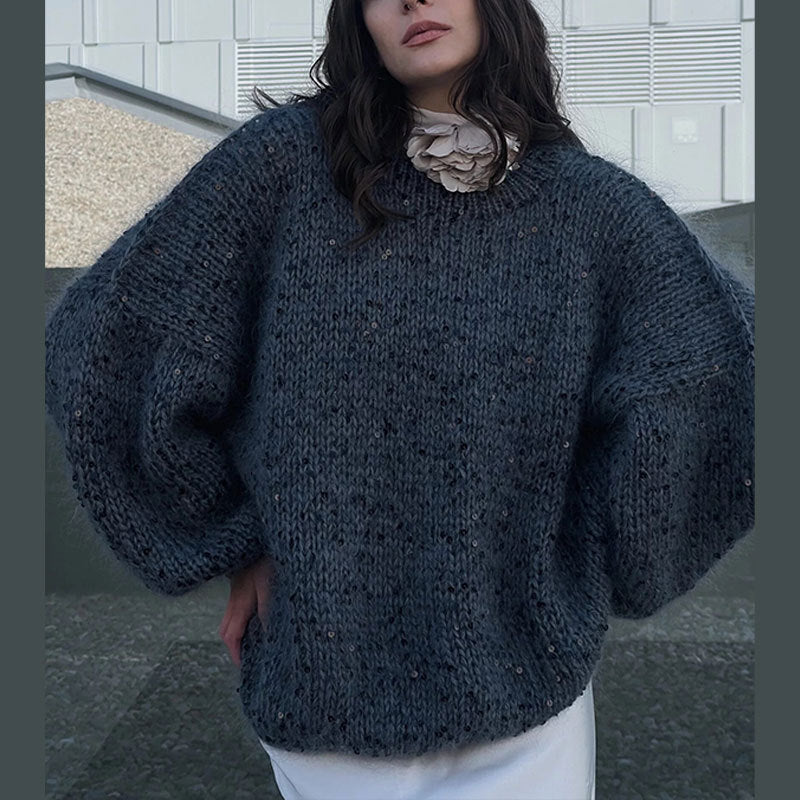 CALORA_ Losse Mohair Trui met Pailletten, Ronde Hals en Lantaarnmouwen