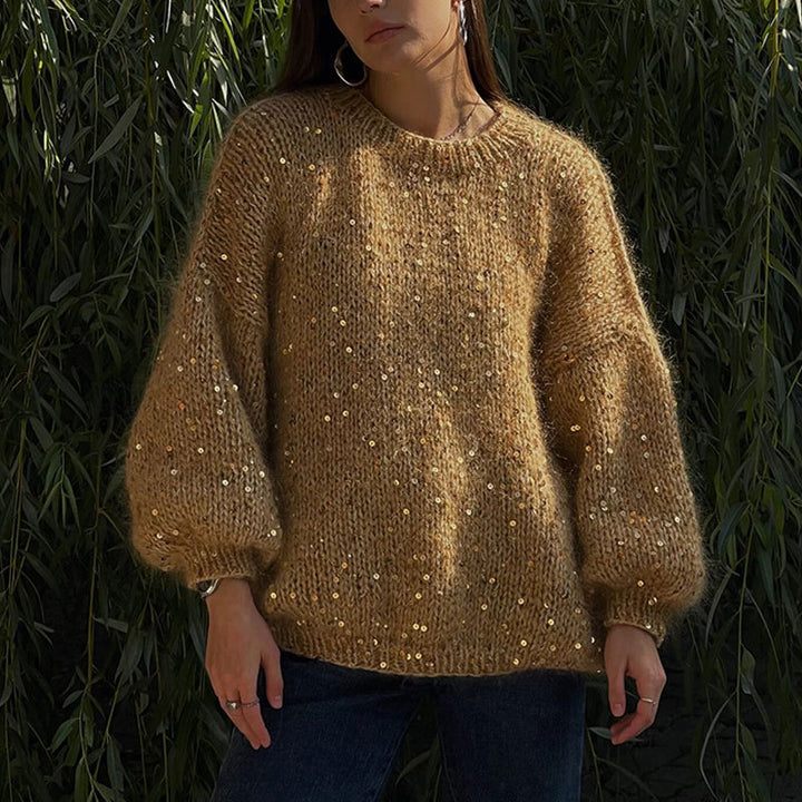 CALORA_ Losse Mohair Trui met Pailletten, Ronde Hals en Lantaarnmouwen