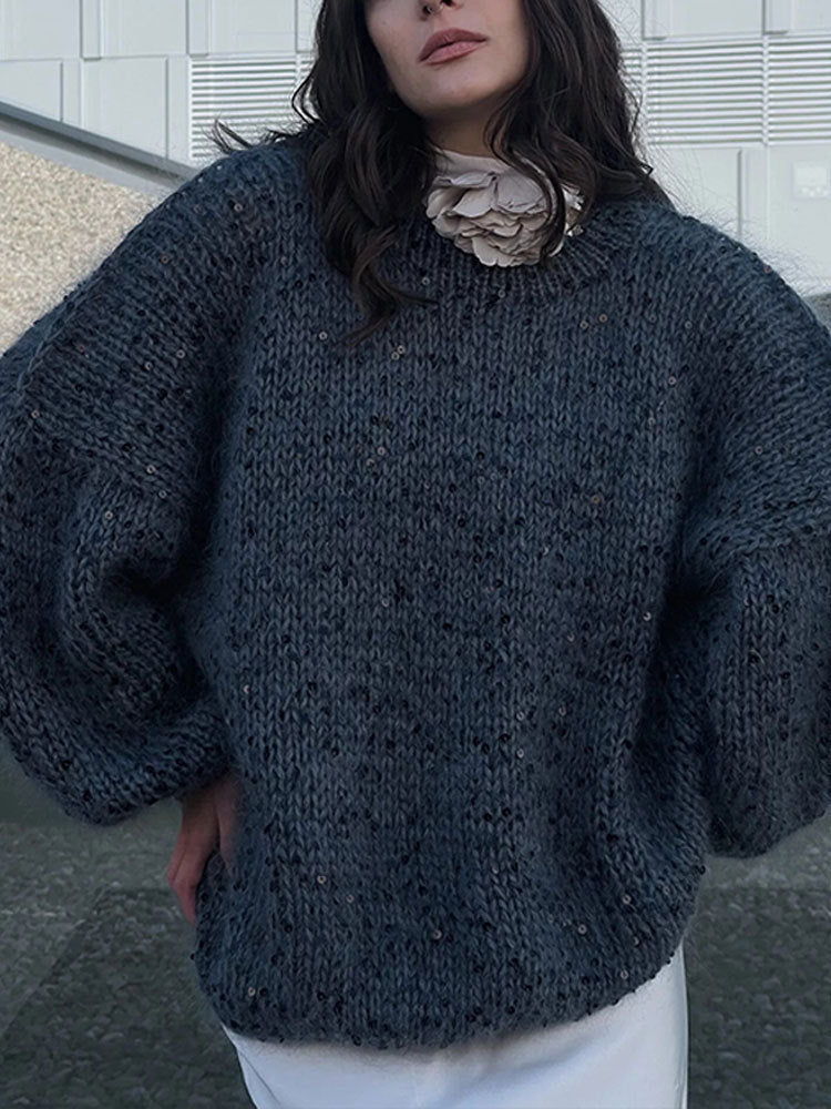 CALORA_ Losse Mohair Trui met Pailletten, Ronde Hals en Lantaarnmouwen