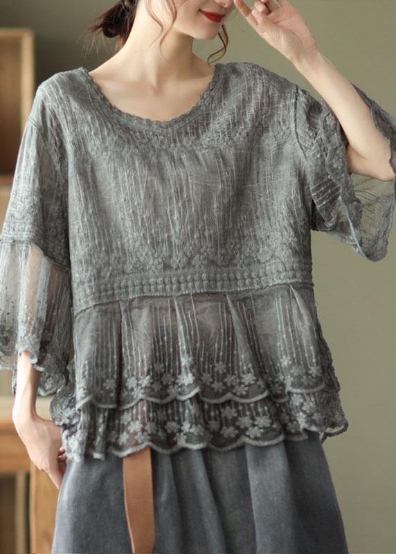 Losse O-hals geborduurde patchwork zomerhemd halve mouw-T-shirts-Calora-Grijs-S-Calora