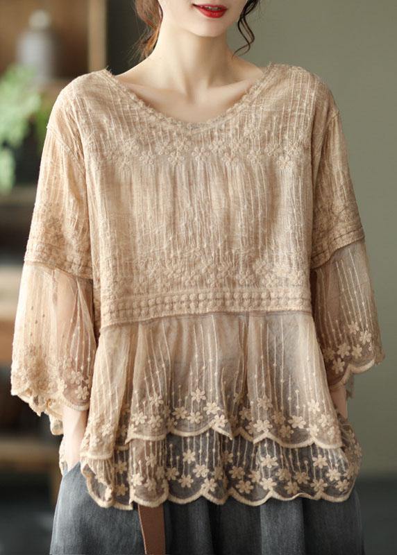 Losse O-hals geborduurde patchwork zomerhemd halve mouw-T-shirts-Calora-Khaki-S-Calora