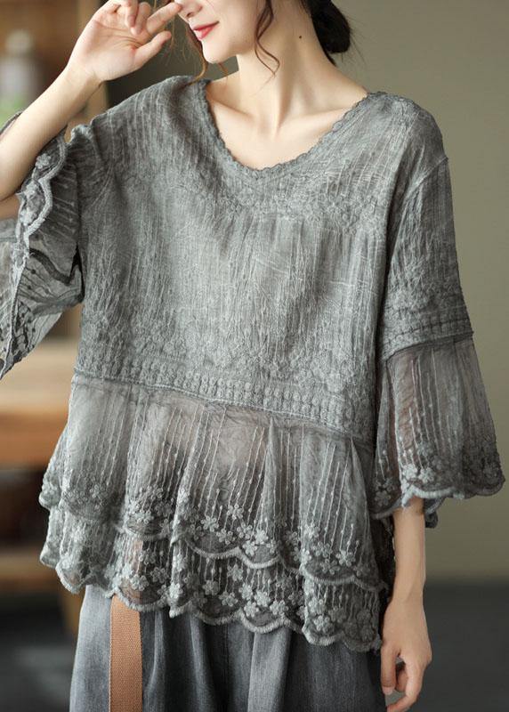 Losse O-hals geborduurde patchwork zomerhemd halve mouw-T-shirts-Calora-Khaki-S-Calora