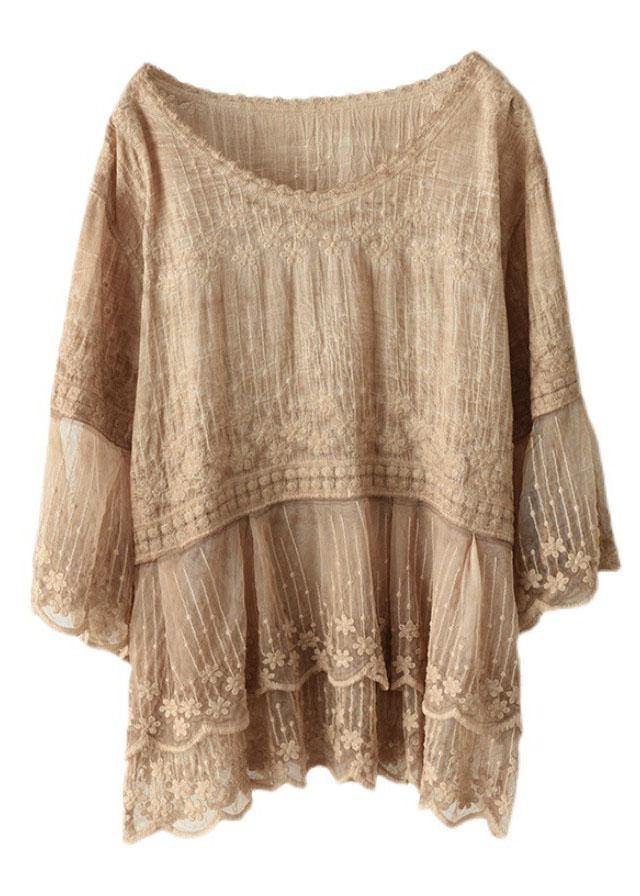 Losse O-hals geborduurde patchwork zomerhemd halve mouw-T-shirts-Calora-Khaki-S-Calora