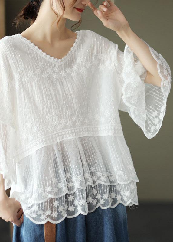 Losse O-hals geborduurde patchwork zomerhemd halve mouw-T-shirts-Calora-Wit-S-Calora