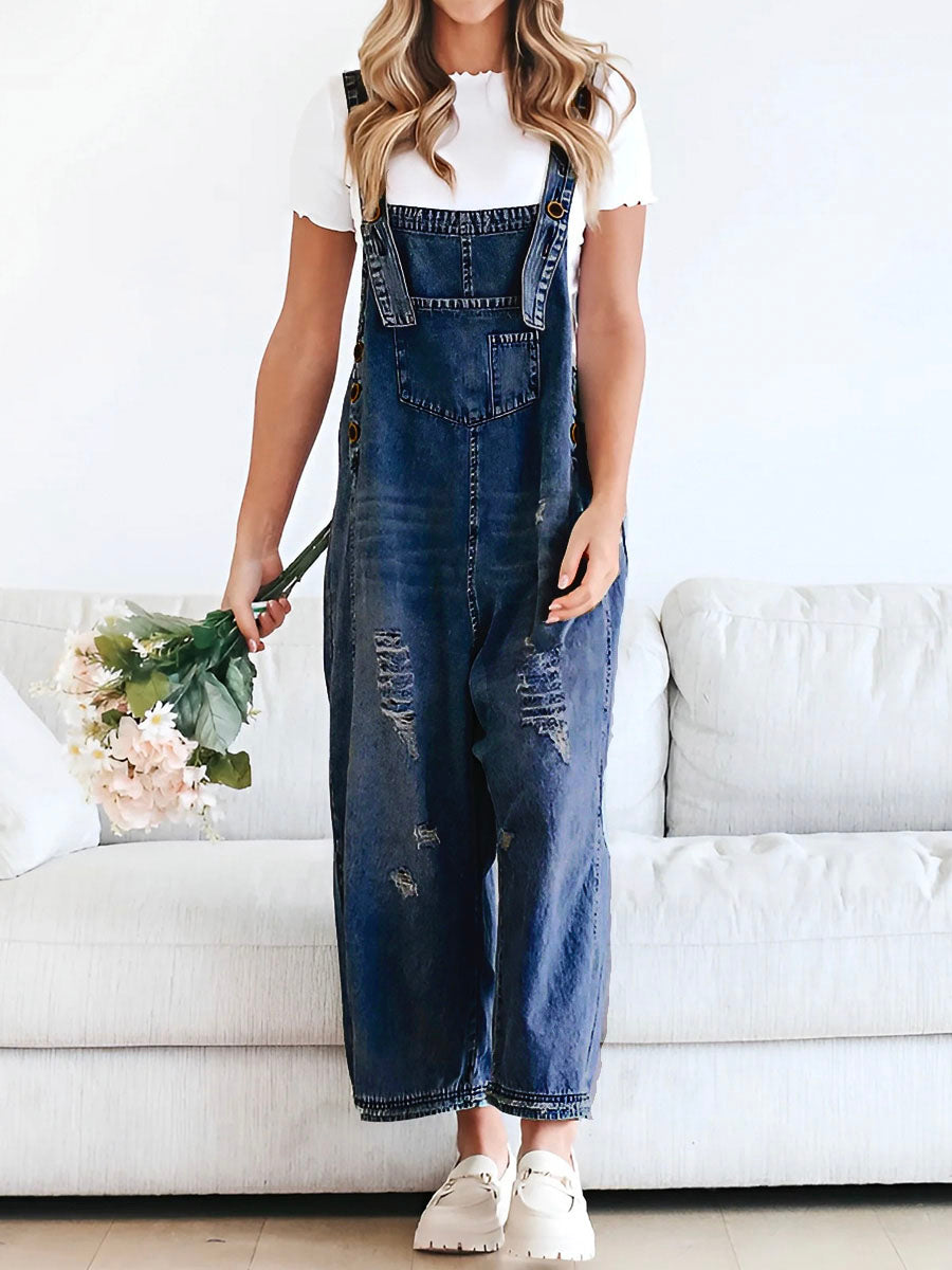 CALORA_ Losse Pas Versleten Denim Overall met Verstelbare Banden