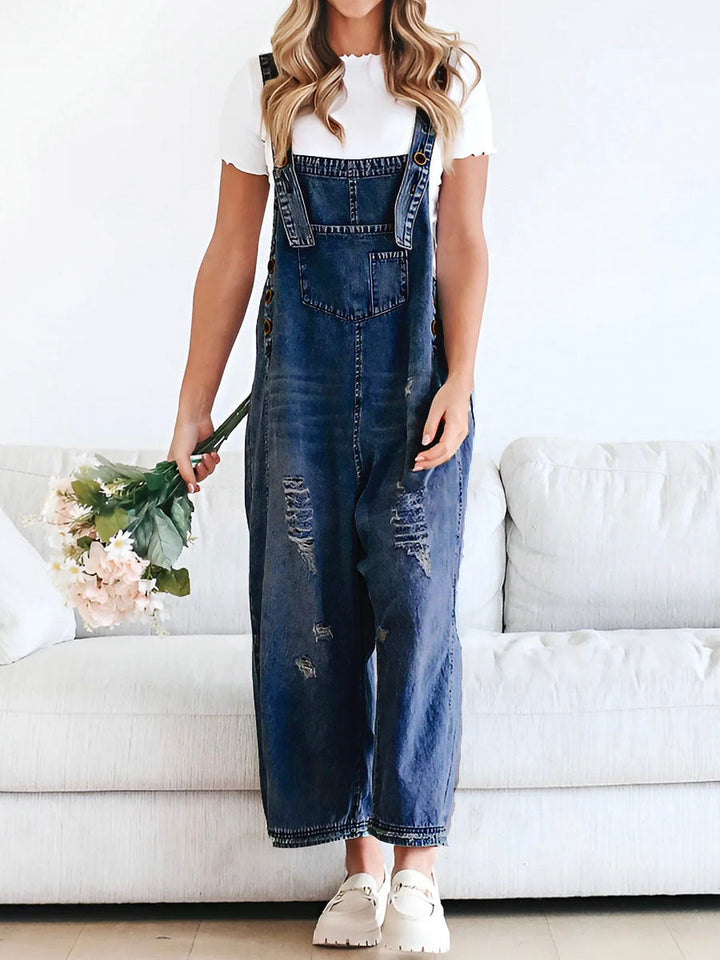 CALORA_ Losse Pas Versleten Denim Overall met Verstelbare Banden