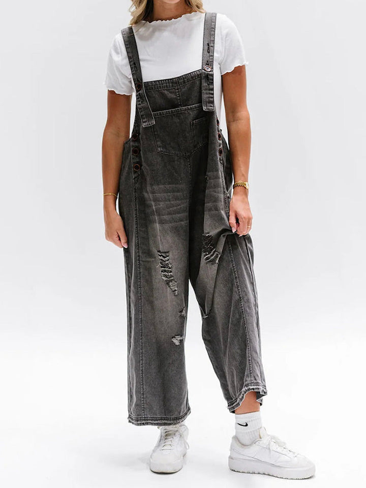 CALORA_ Losse Pas Versleten Denim Overall met Verstelbare Banden