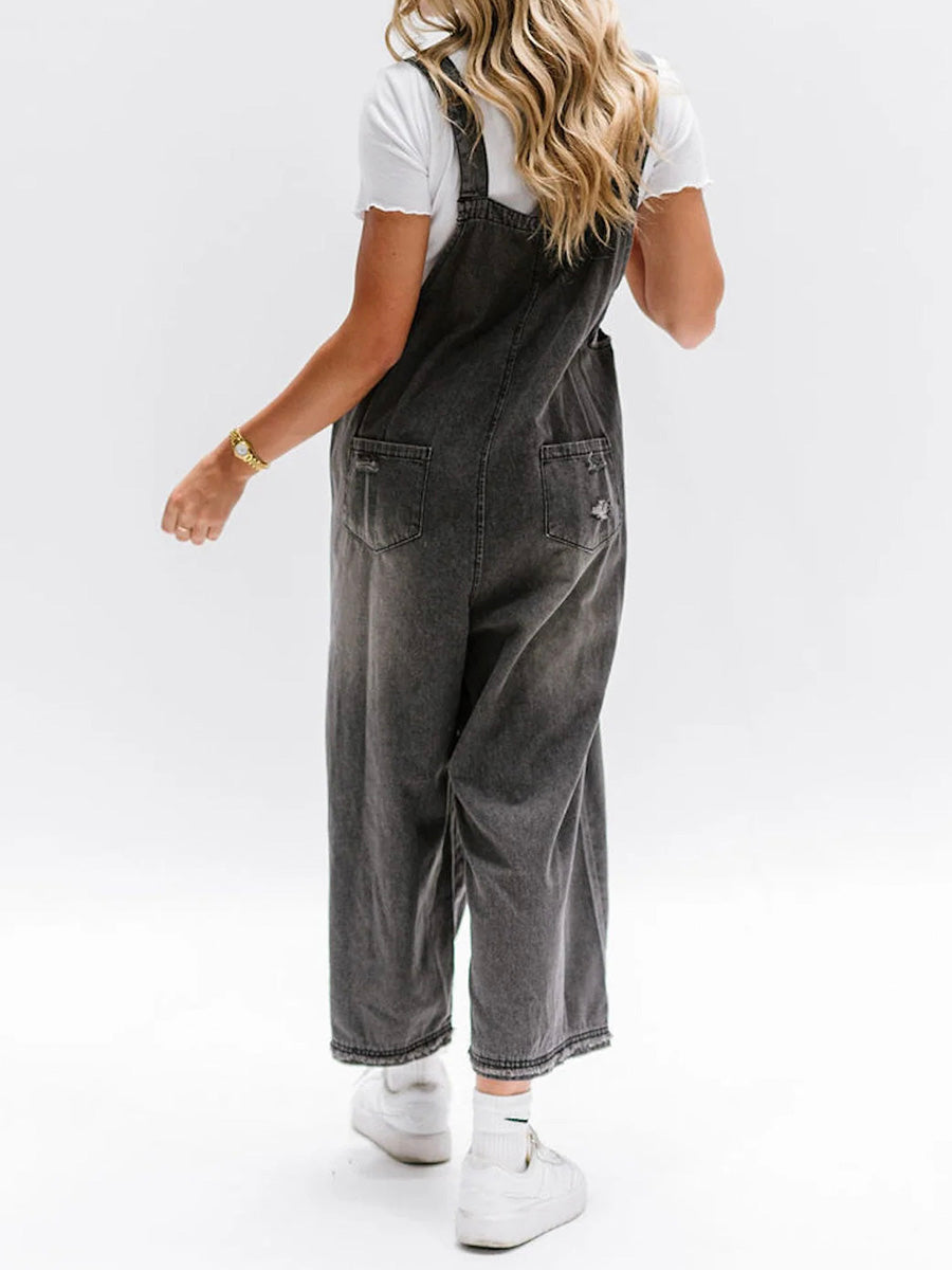 CALORA_ Losse Pas Versleten Denim Overall met Verstelbare Banden