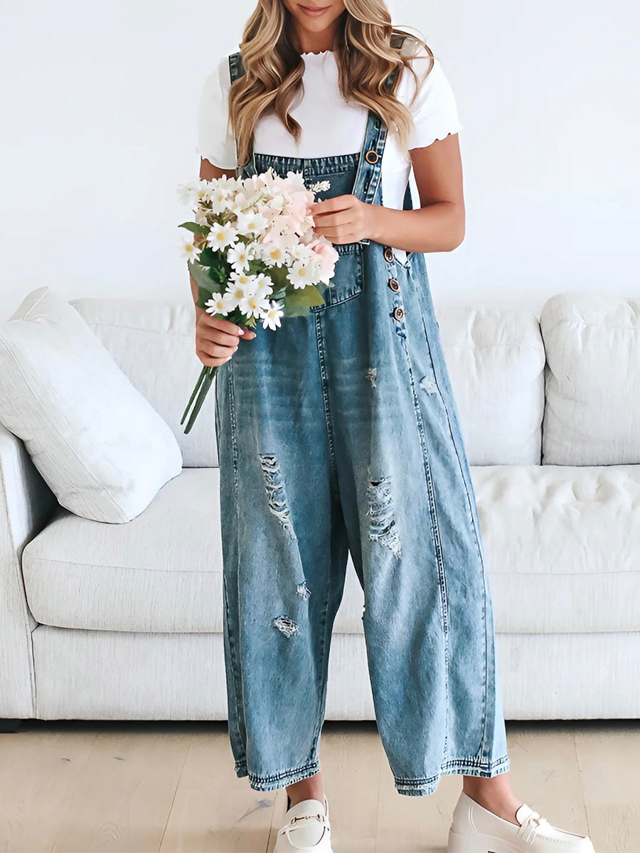 CALORA_ Losse Pas Versleten Denim Overall met Verstelbare Banden