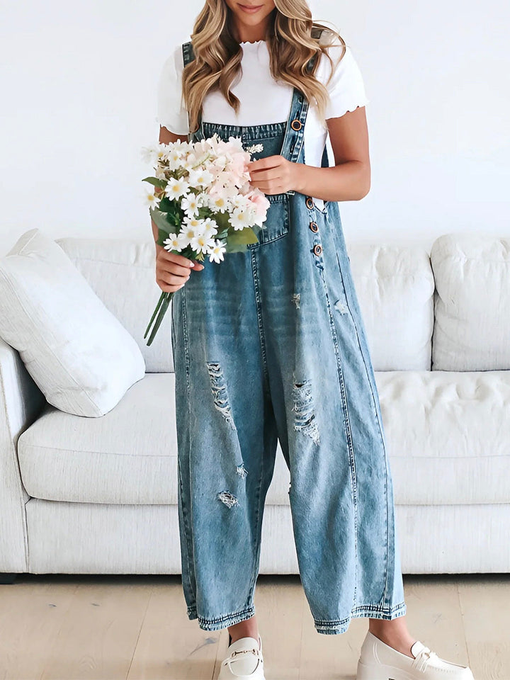 CALORA_ Losse Pas Versleten Denim Overall met Verstelbare Banden