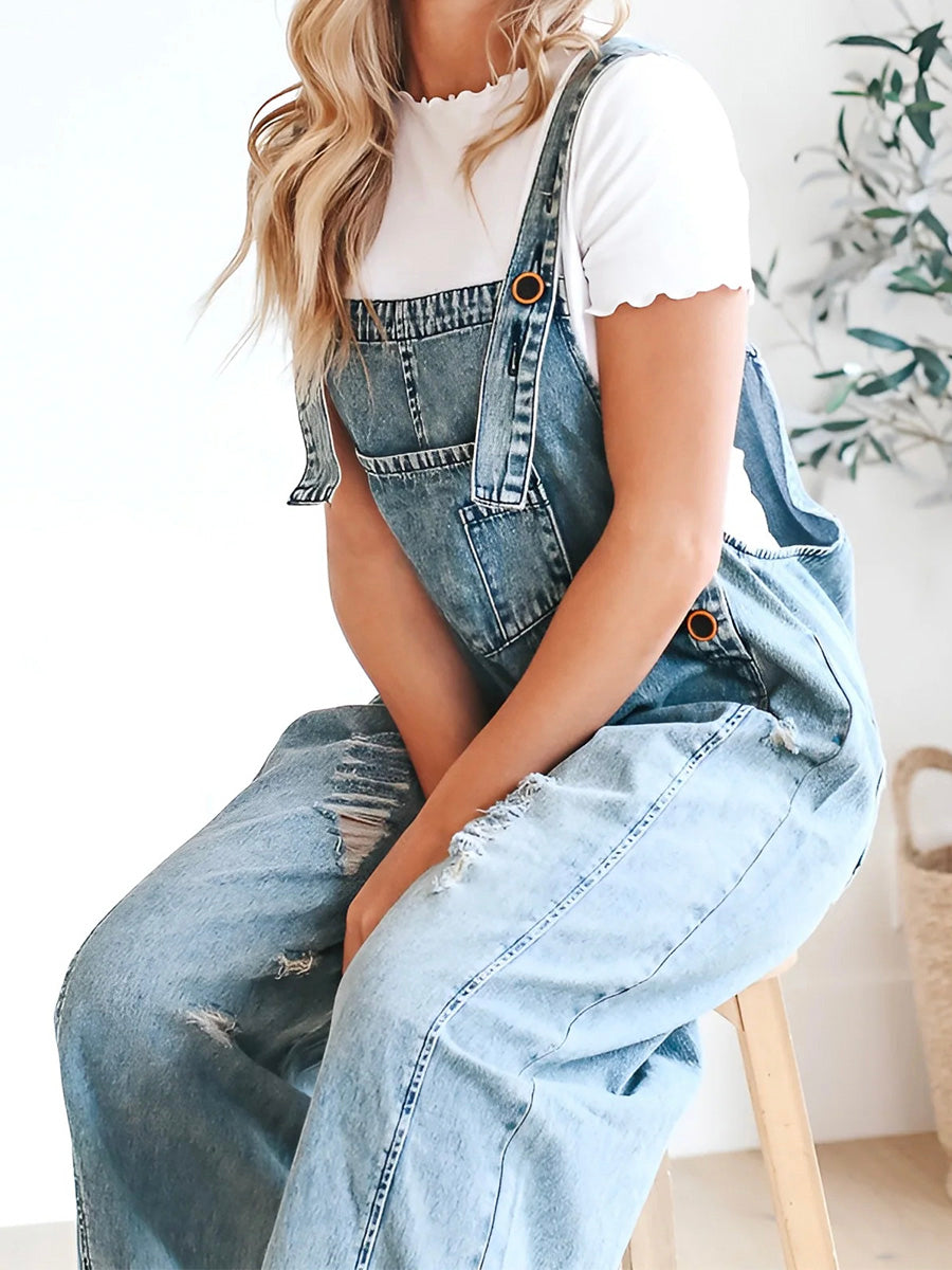 CALORA_ Losse Pas Versleten Denim Overall met Verstelbare Banden