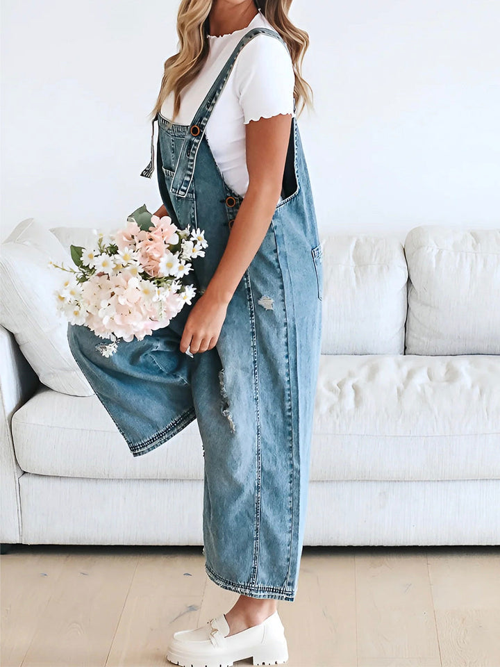 CALORA_ Losse Pas Versleten Denim Overall met Verstelbare Banden