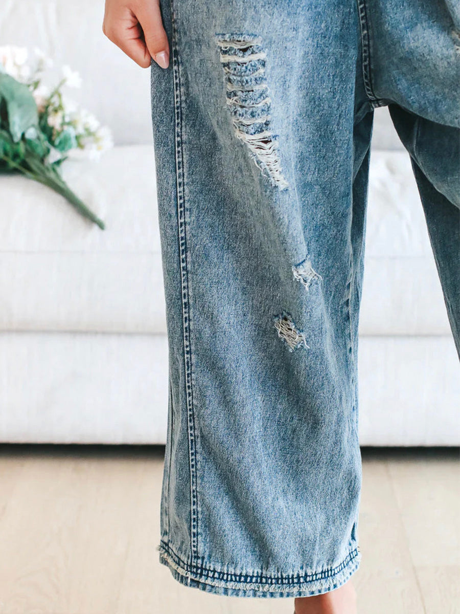 CALORA_ Losse Pas Versleten Denim Overall met Verstelbare Banden