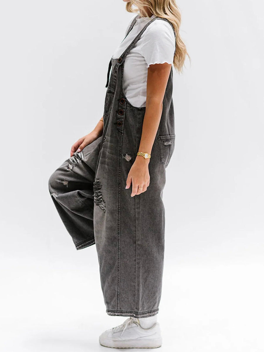 CALORA_ Losse Pas Versleten Denim Overall met Verstelbare Banden