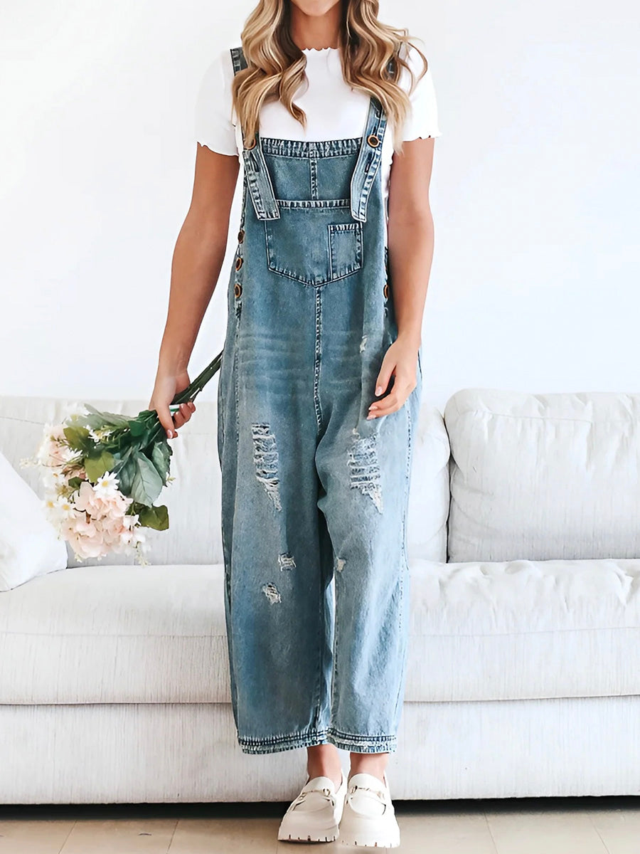 CALORA_ Losse Pas Versleten Denim Overall met Verstelbare Banden