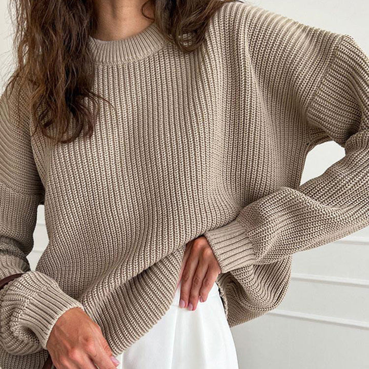Losse ronde hals effen gebreide trui voor dames-Blazers & Vesten-Calora-Beige-S-Calora