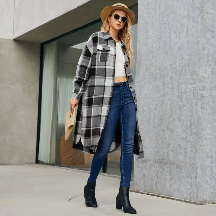 Louise | Dames geruite trenchcoat met zijsplitten en zakken-Zomer Jassen-Calora-Zwart-S-Calora