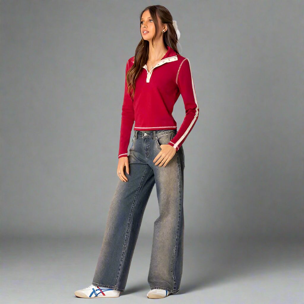 CALORA_ Low-Rise Jeans Stretch Denim Trendy Comfortabele Y2K Pasvorm