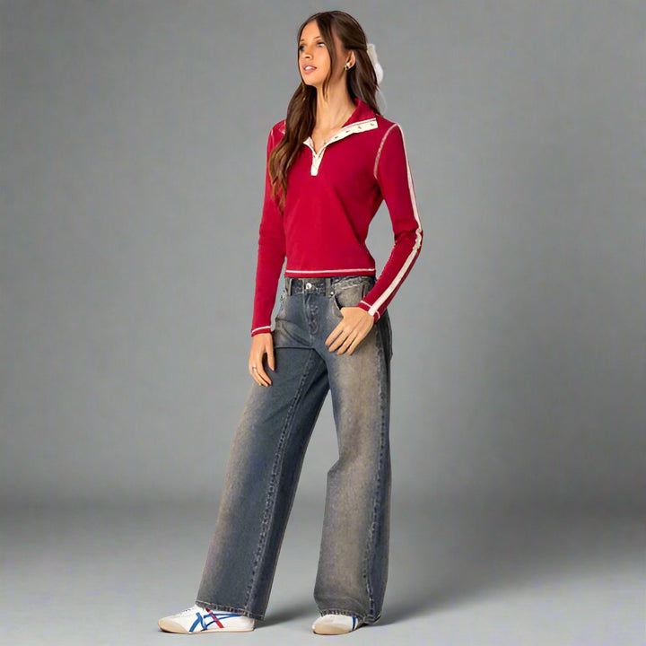 CALORA_ Low-Rise Jeans Stretch Denim Trendy Comfortabele Y2K Pasvorm
