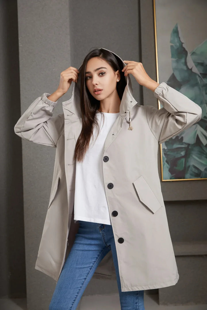 Luce | Trenchcoat met Capuchon en knopen-Zomer Jassen-Calora-Beige-S-Calora