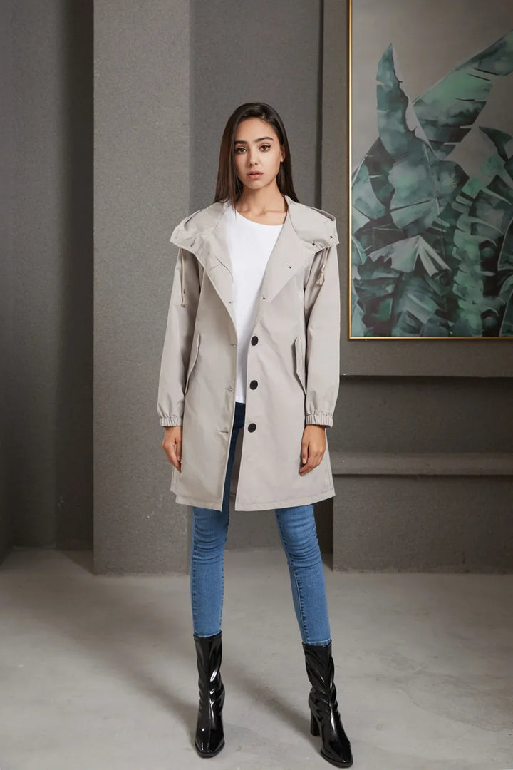 Luce | Trenchcoat met Capuchon en knopen-Zomer Jassen-Calora-Beige-S-Calora