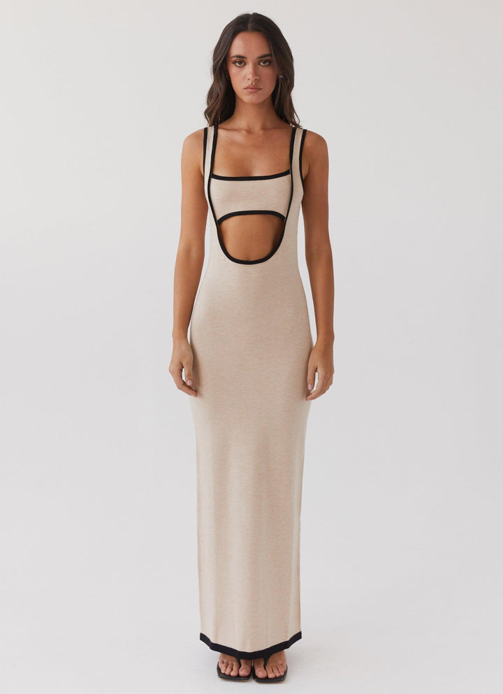 Luxe Elegante maxi feest Jurk met open rug-Feest Jurken-Calora-Beige-XS-Calora