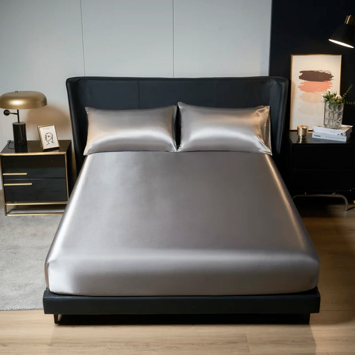 Luxe Satijnen Bedlinnen Set 3 Stuks met Elastische Band-Home Decor-Calora-Zilver-Volledige set 137x190cm-Calora