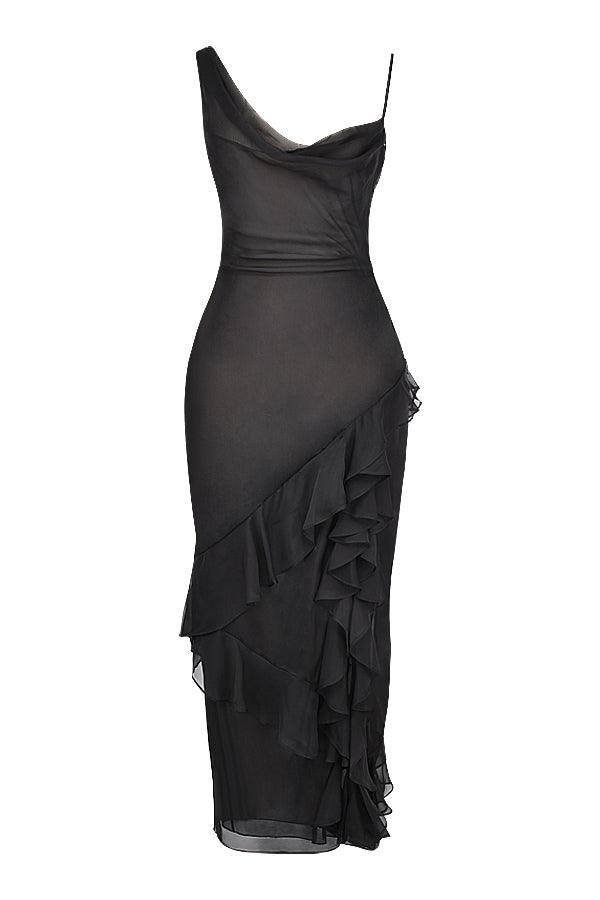 Luxe Zwarte maxi Jurk met ruches-Feest Jurken-Calora-XS-Calora